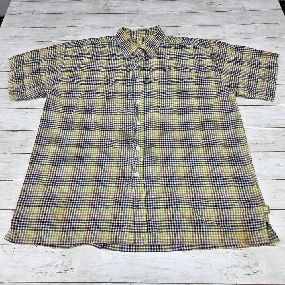 Evolution Plaid Button Down Shirt Short Sleeve Men 2XL Green Brown Cotton Casual